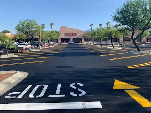 Strip mall with new parking lot lines
